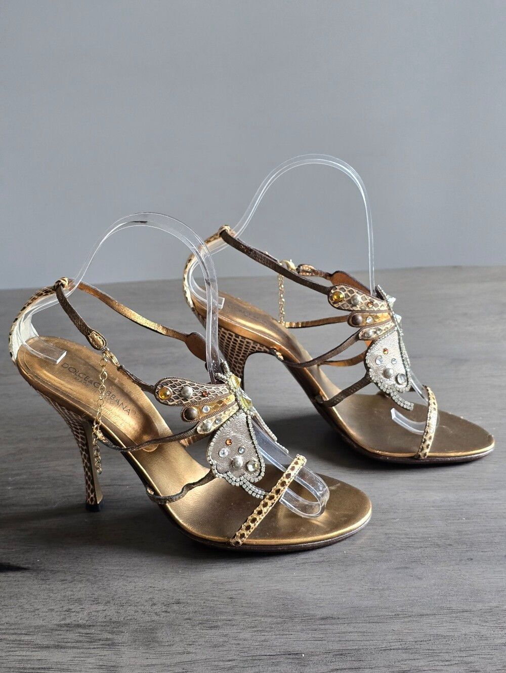 Dolce & Gabanna Crystal Butterfly Snakeskin Leather Heels Size 37/US 7 - Picture 3 of 11